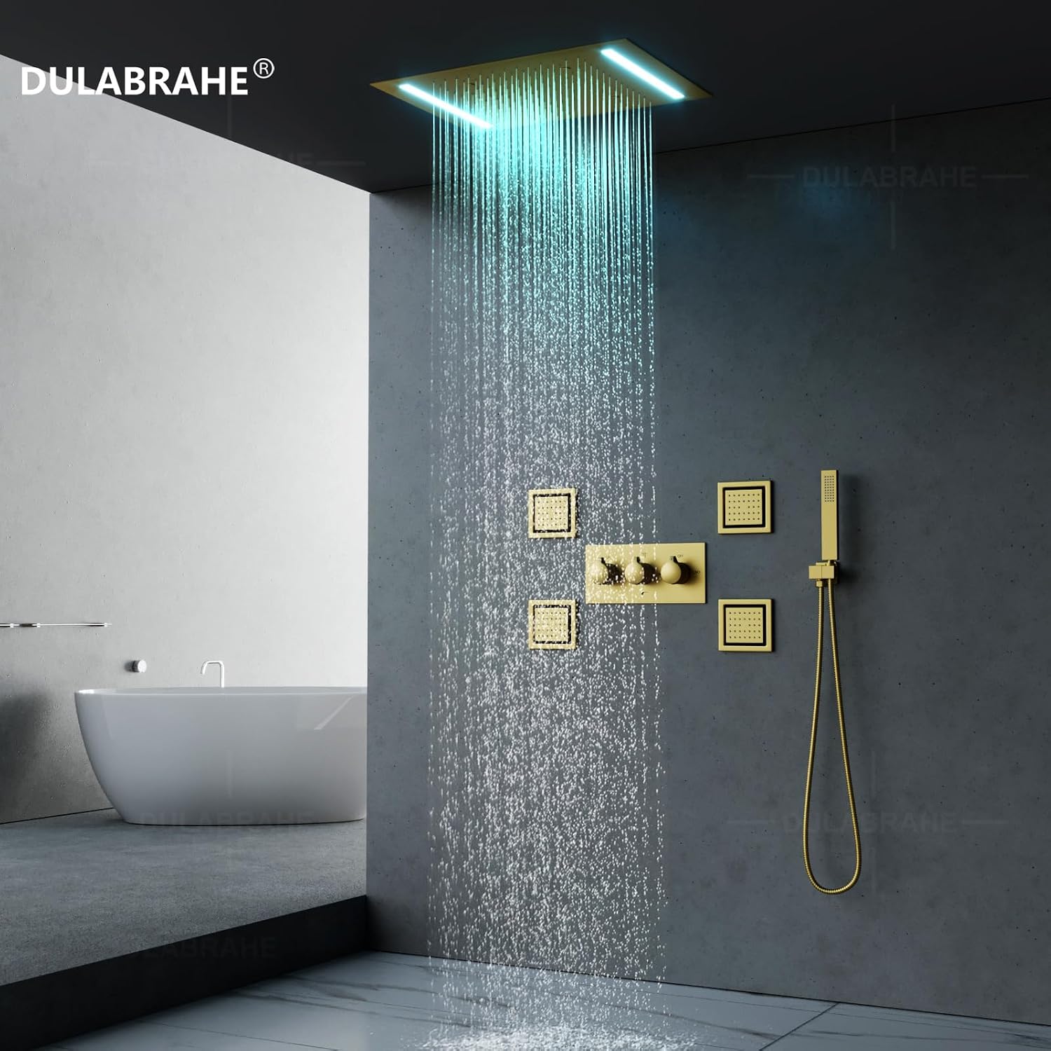 Bathroom Brushed Gold Ceiling 20X14 Inch Rain Shower Head With LED Control Spa Bath Body Massage Combo Set Luxury Rainfall Shower System Fixtures