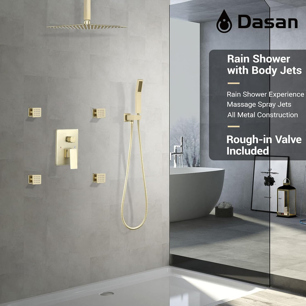 Brushed Gold Shower System with 4 PCS Shower Body Spray Jets & 12'' Ceiling Shower Head & Handheld Spray, DASAN Full Body Shower Faucet System with Jets Rainfall Shower Combo Set, SA-SS03BBG-S12C