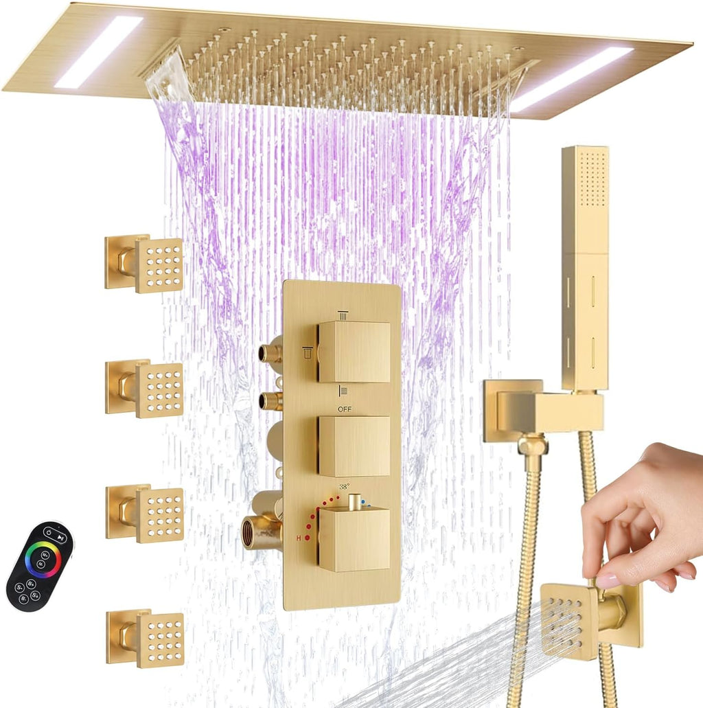 Brushed Gold Full Body Thermostatic Shower System, 14X20Inch LED Waterfall Rainfall Shower with 4 Jets Features Shut-Off, 2-mode Handheld, 4-Way Luxury Shower Fixture Faucets Set