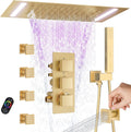 Brushed Gold Full Body Thermostatic Shower System, 14X20Inch LED Waterfall Rainfall Shower with 4 Jets Features Shut-Off, 2-mode Handheld, 4-Way Luxury Shower Fixture Faucets Set