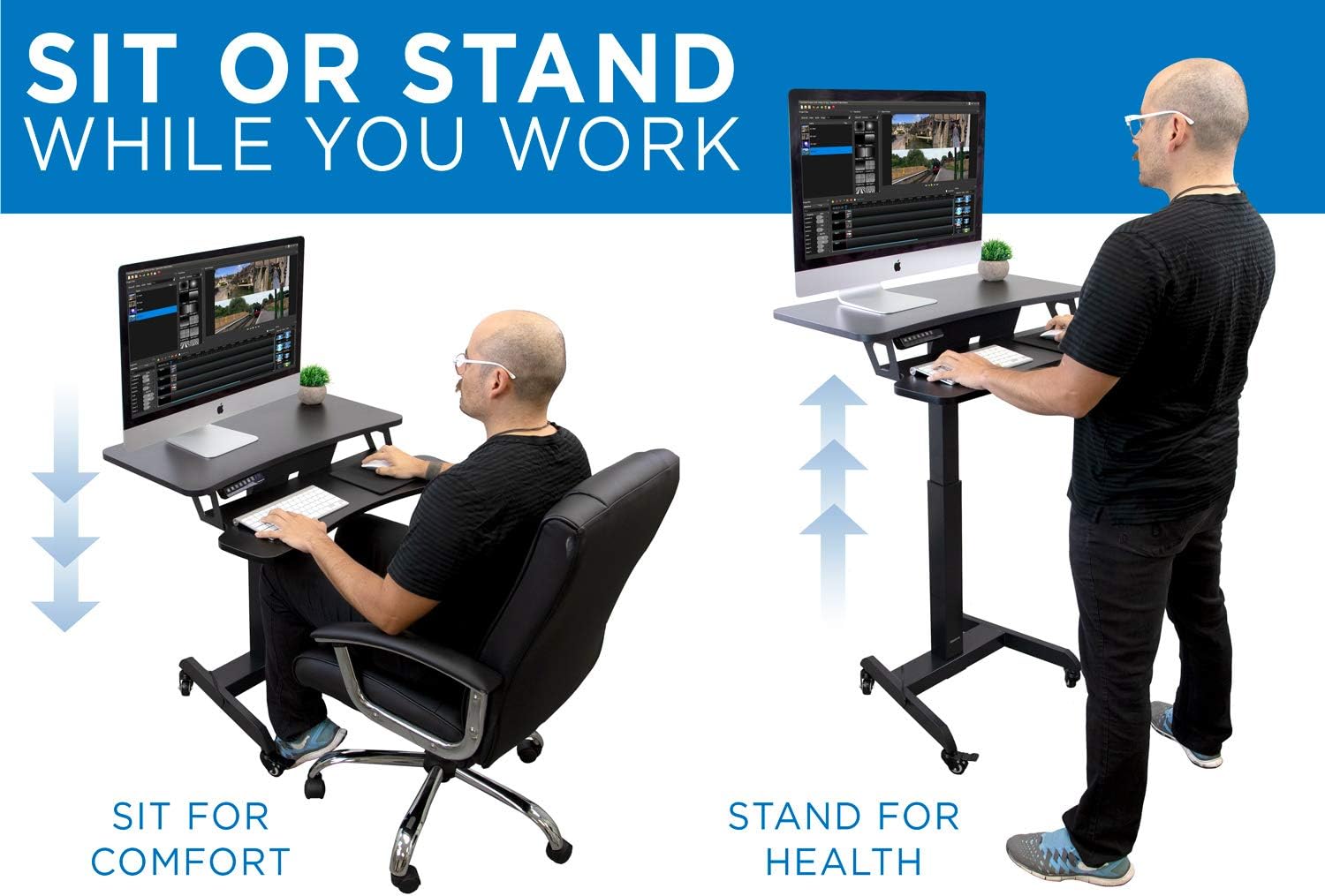 Mount-It! Electric Height Adjustable Standing Desk with Wheels | Professional Mobile Workstation for Office & Commercial Use | Heavy-Duty Rolling Sit Stand Desk