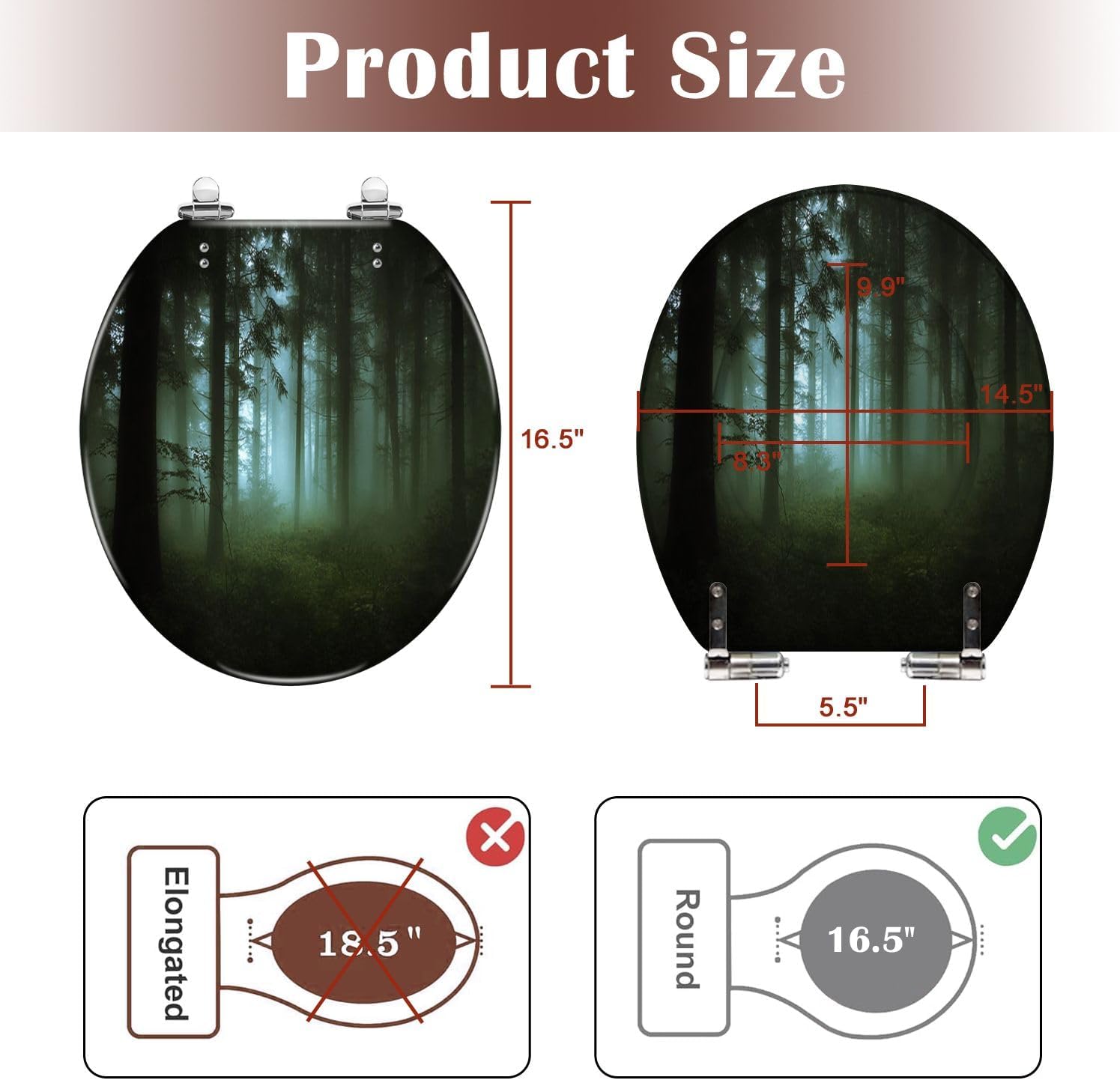 Round Toilet Seat green forest fog morning Resin Toilet Seat Slow Quiet Close Lid with Quick-Release Hinges Cover Bumpers Easy to Clean Install