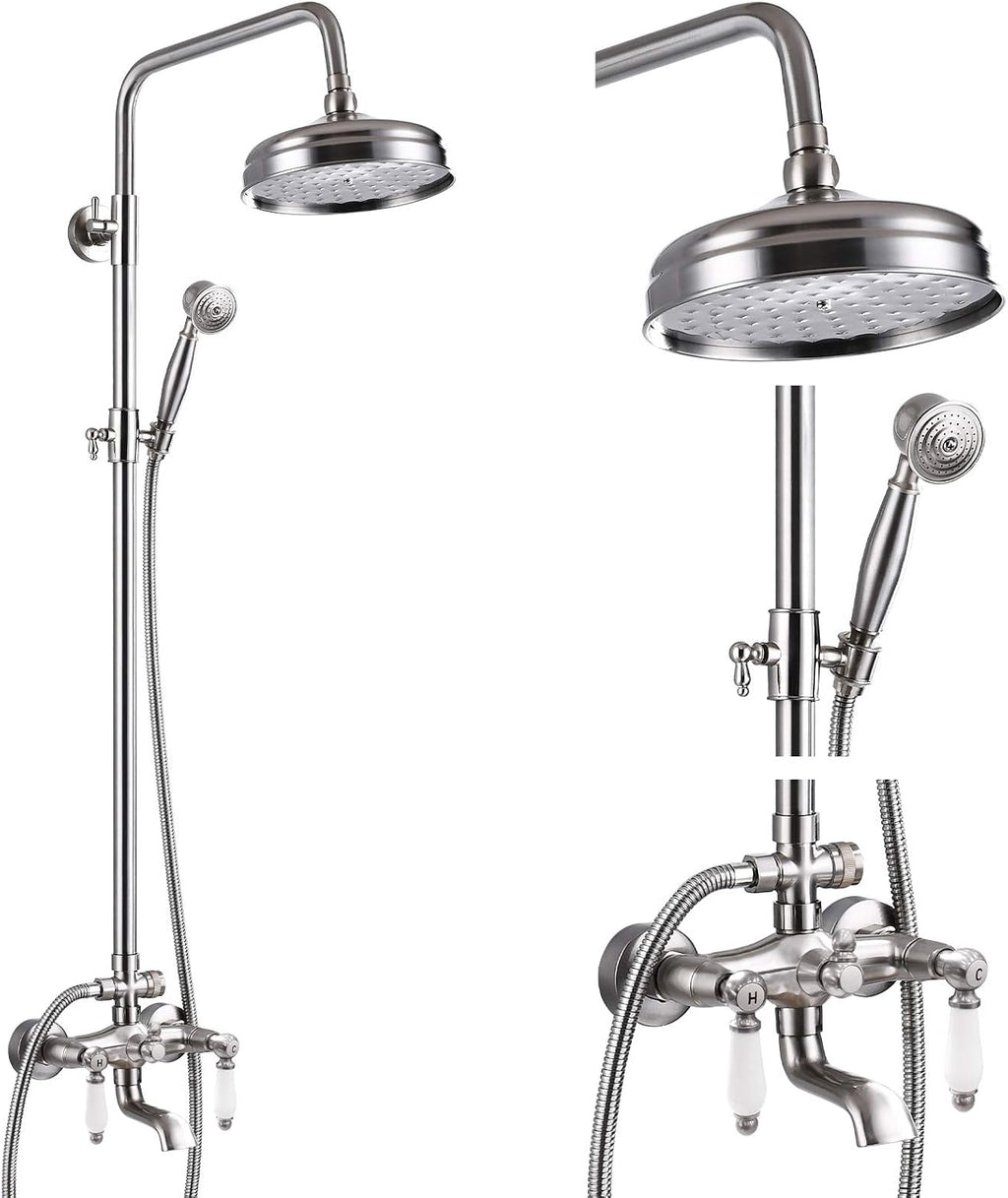 gotonovo Shower Faucet Set Brushed Nikcel 8-inch Shower Head Fixture with Handheld Spray Double Lever Handle Tub Spout Triple Function Bathroom Wall Mount