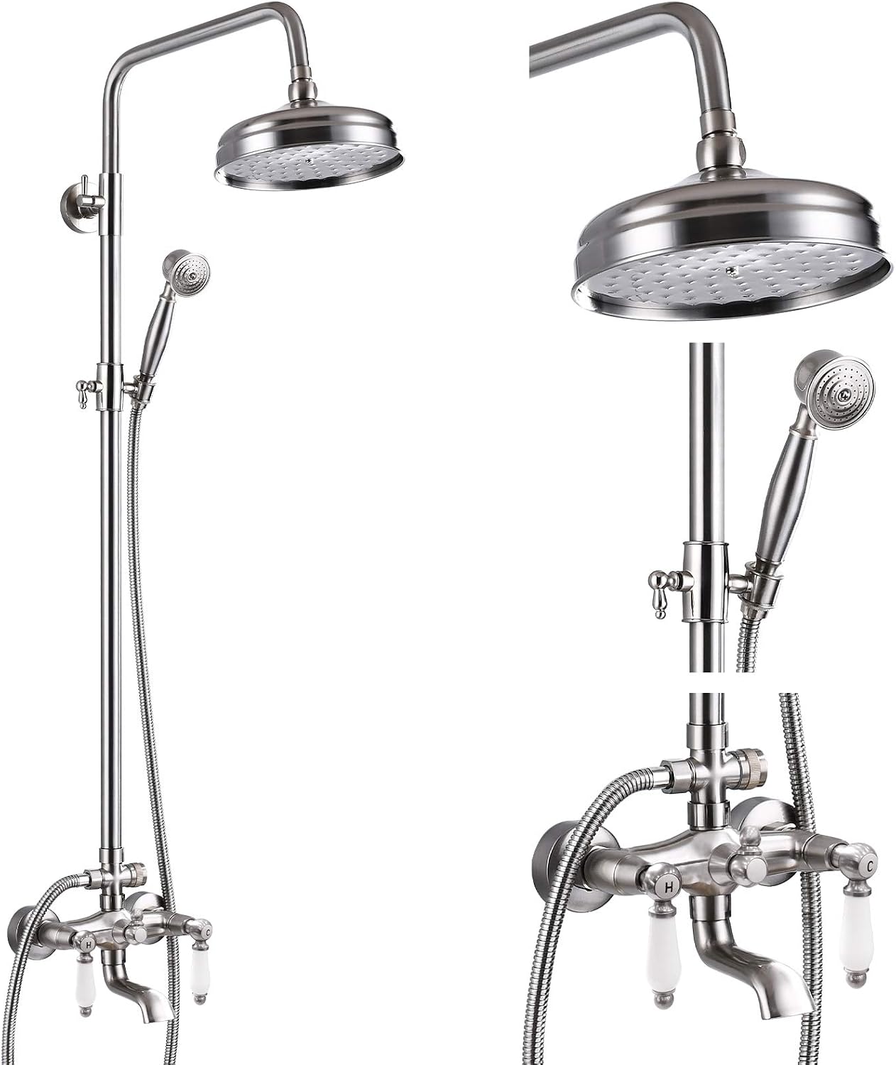 gotonovo Shower Faucet Set Brushed Nikcel 8-inch Shower Head Fixture with Handheld Spray Double Lever Handle Tub Spout Triple Function Bathroom Wall Mount
