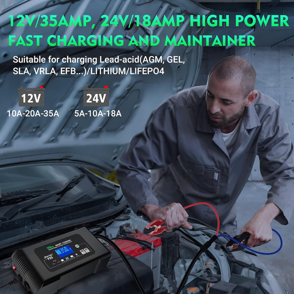 HTRC 35-Amp Smart Charger, Car Battery Charger,Trickle Charger, 12V35A/24V18A,14.6V/29.2V,Lithium,LiFePO4,Lead-Acid AGM/Gel/SLA..Battery Charger, PortableMaintainer/deep Cycle Charger and Desulfator