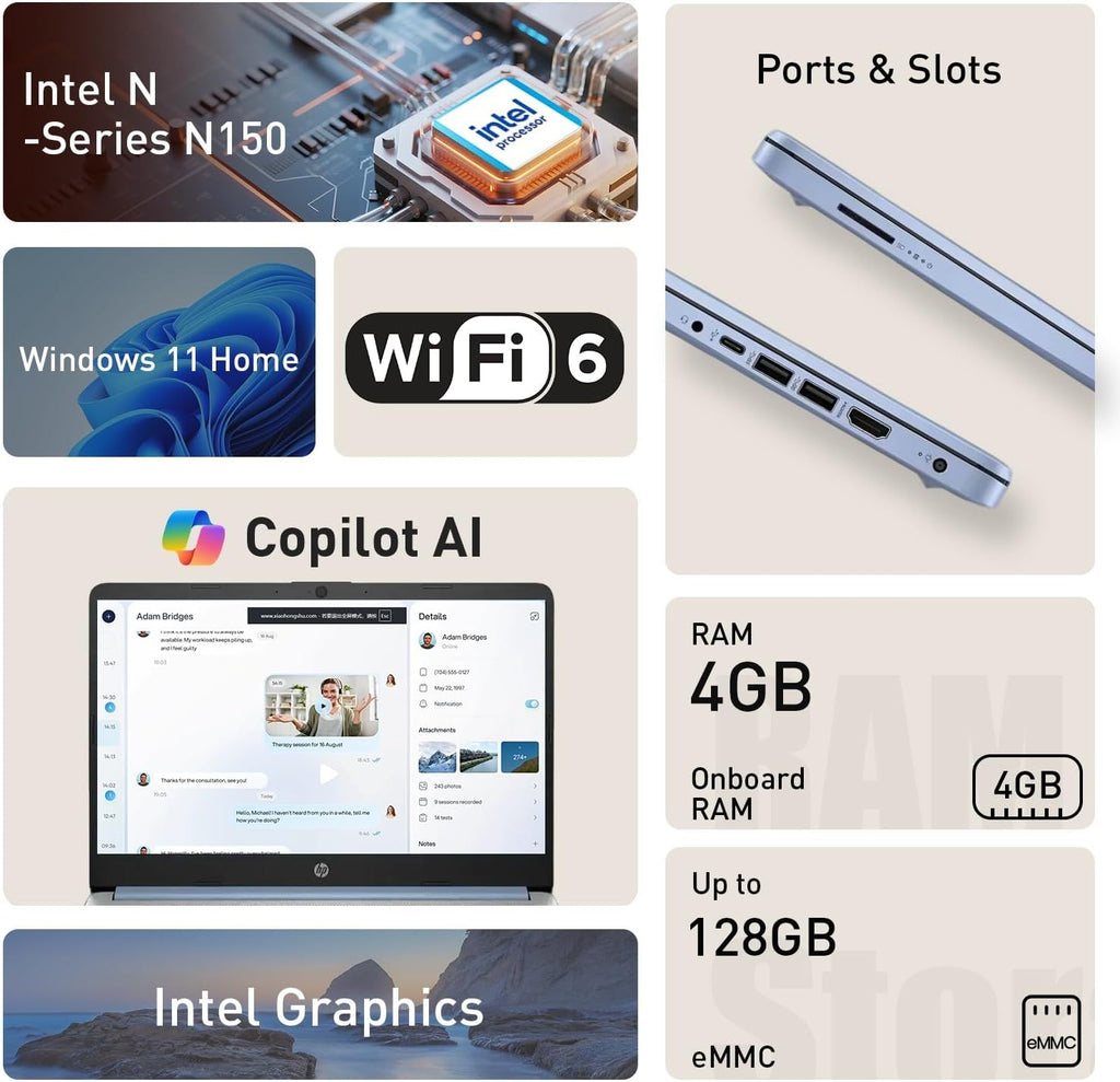 HP dq6012dx 14' Laptop, Intel N150 Processor (Up to 3.6GHz), 4GB RAM, 128GB eMMC Storage, 14-inch Micro-Edge Display, Wi-Fi 6, Webcam, HDMI, Windows 11 Home in S Mode, Blue, Bundle PCO Cooler (Blue)