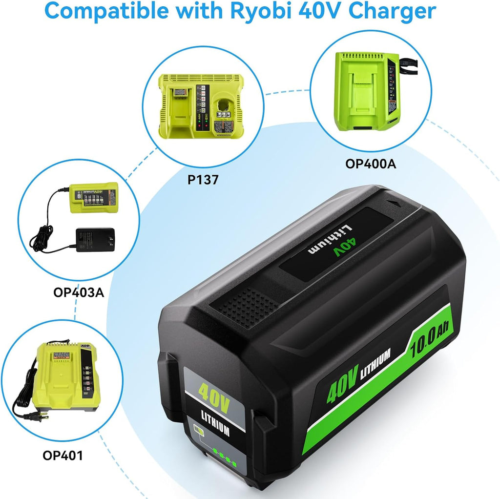 10.0Ah High Capacity Replacement for Ryobi 40V Battery OP4026 OP4030 OP4040 OP4050 OP4060 OP4075, Compatible with Ryobi 40 Volt Cordless Power Tools