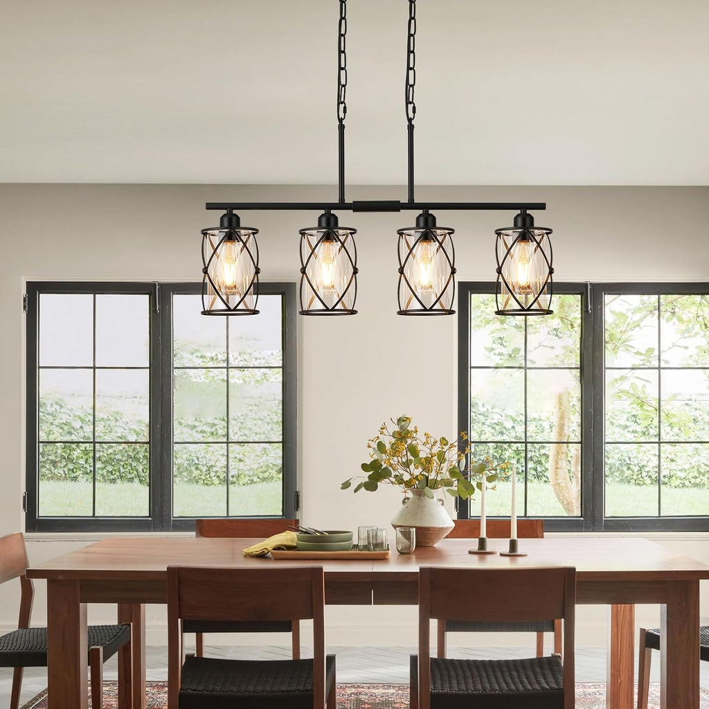 4-Light Kitchen Island Lighting, Modern Black Dining Room Light Fixtures with Clear Glass, Farmhouse Industrial Linear Chandelier Pendant Light with Adjustable Chain, CH9176BK-4IS