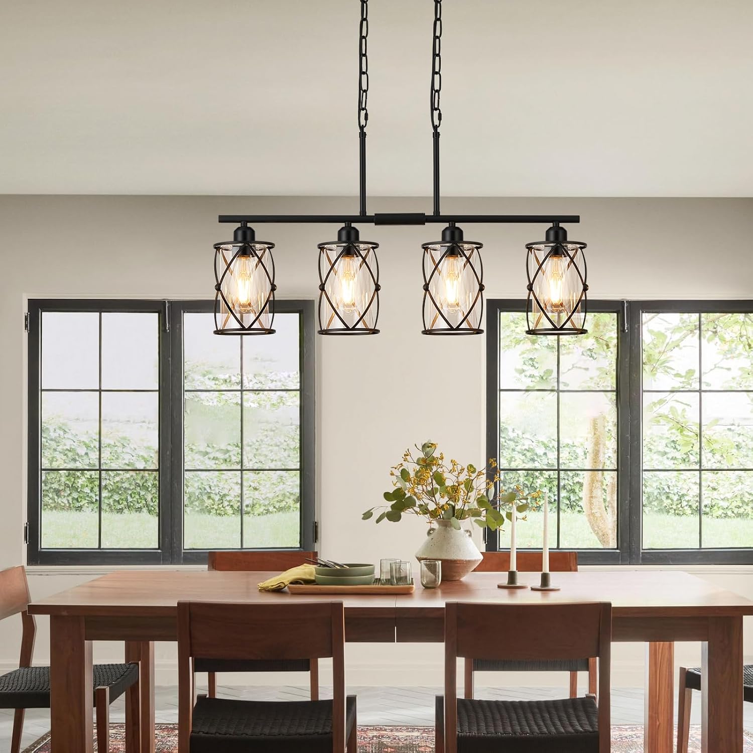 4-Light Kitchen Island Lighting, Modern Black Dining Room Light Fixtures with Clear Glass, Farmhouse Industrial Linear Chandelier Pendant Light with Adjustable Chain, CH9176BK-4IS