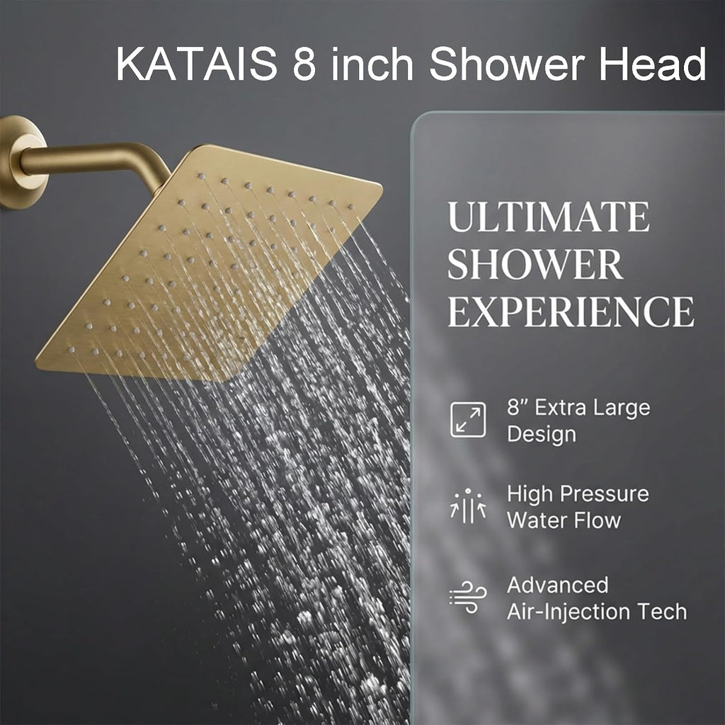 Tempreature Display Shower System Brushed Gold Shower Faucet Set with Wall Mount 8 inch Shower Head and 6 PCS Body Jet, Handheld Spray