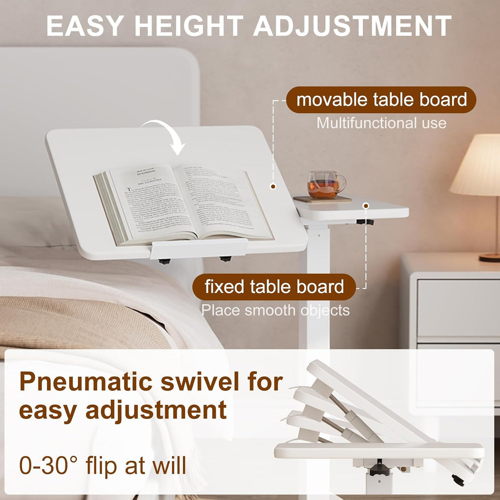 Solid Wood Overbed Bedside Table with Wheels, Tilting Adjustable Hospital Bed Table Over The Bed, Medical Mobile Laptop Stand, Rolling Standing Desk for Hospital and Home Use(White)