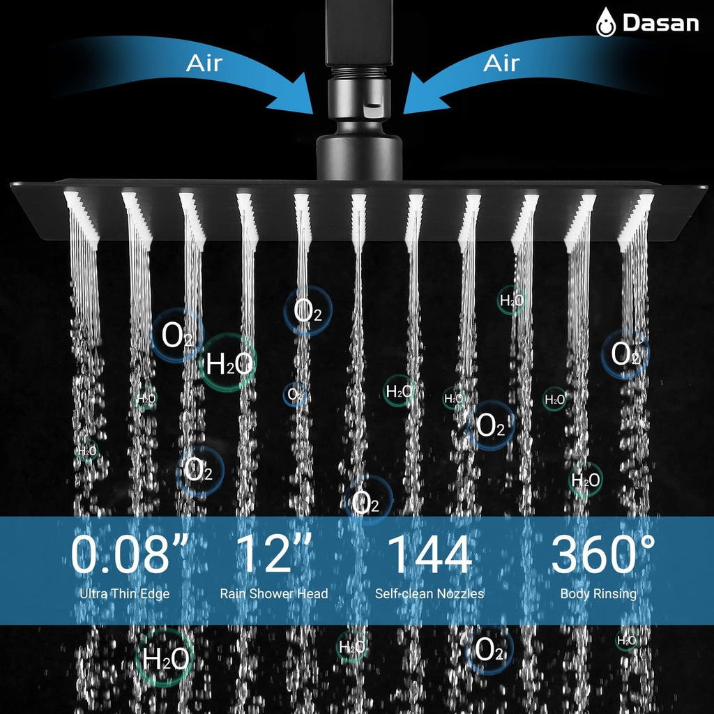 Matte Black Shower System with 4 PCS Shower Body Spray Jets & 12'' Ceiling Shower Head & Handheld Spray, DASAN Full Body Shower Faucet System with Jets Rainfall Shower Combo Set, SA-SS03BMB-S12C