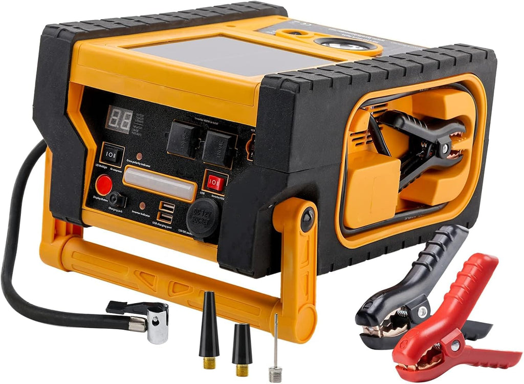 Solar Portable Power Station, 2000Amps Car Battery Jump Starter Battery Pack with 400W Inverter Dual AC/DC/USB Output, 260 PSI Air Compressor, 12V Jump Box for Car Battery with Flashlights