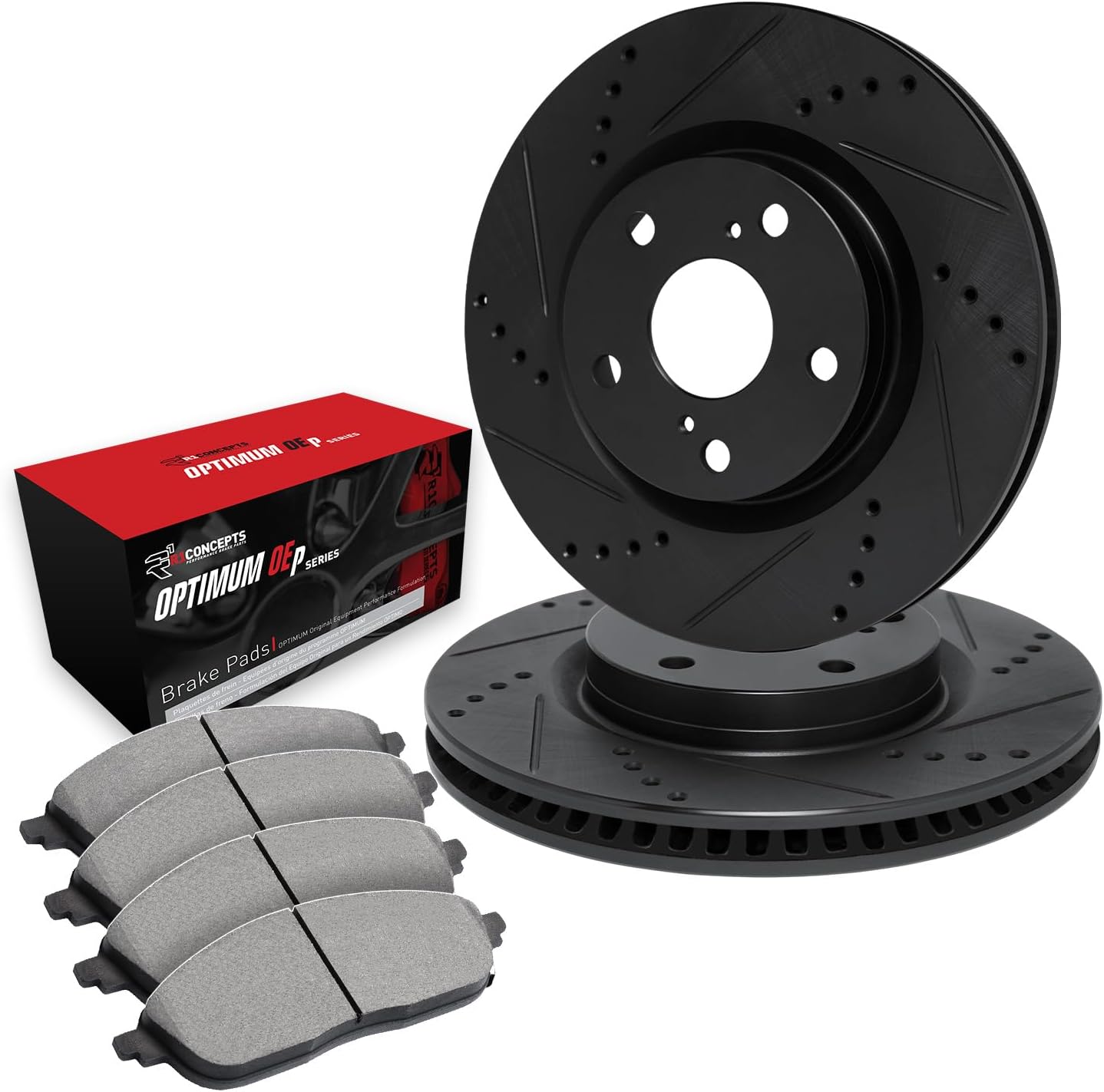 R1 Concepts Front Brake Kit Fits 2014-2016 BMW 228i, 328i, 428i, 435i, M235i; 2017-2021 BMW 230i, M240i; 2014-2018 BMW 328d| Optimum Oep Brake Pads and Drilled Slotted Brake Rotors| 13.4' Front