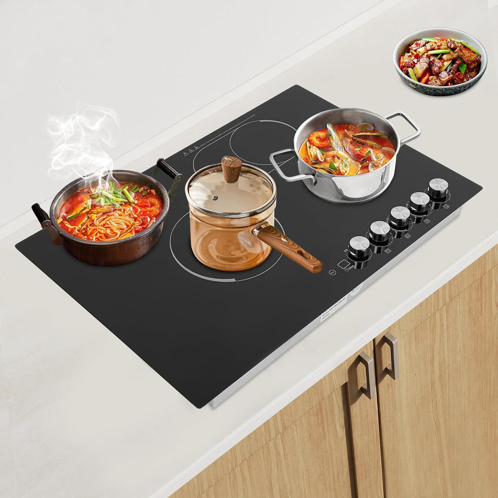 30 Inch Electric Cooktop, 4 Burner Electric Stove Top Knob Control, Built-in Ceramic Stovetop Burner, 5 Power Levels, Dual Oval Zone, Timer & Safety Lock, Hot Surface Indicator, 110V