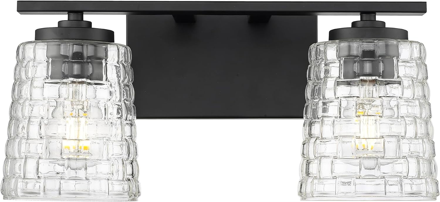 ML Lighting | Saben Collection | 22102-MB | Indoor 2 Light Vanity in Matte Black with Clear Woven Lattice Glass Shade | Elegant and Versatile Design for Any Bathroom