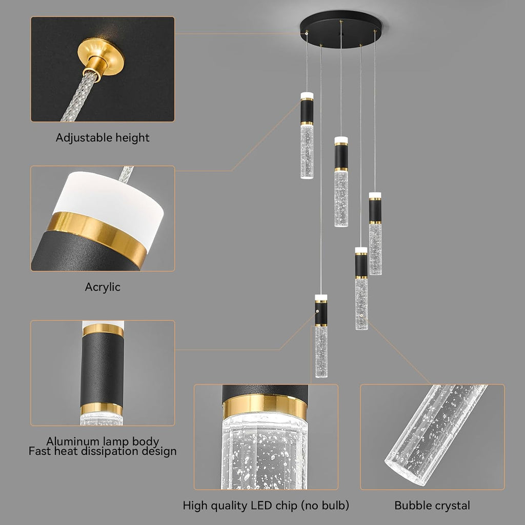 5-Light Pendant Lights, Modern Black Gold Pendant Light Fixtures with Bubble Crystal, Dimmable LED, Kitchen Island & Dining Room