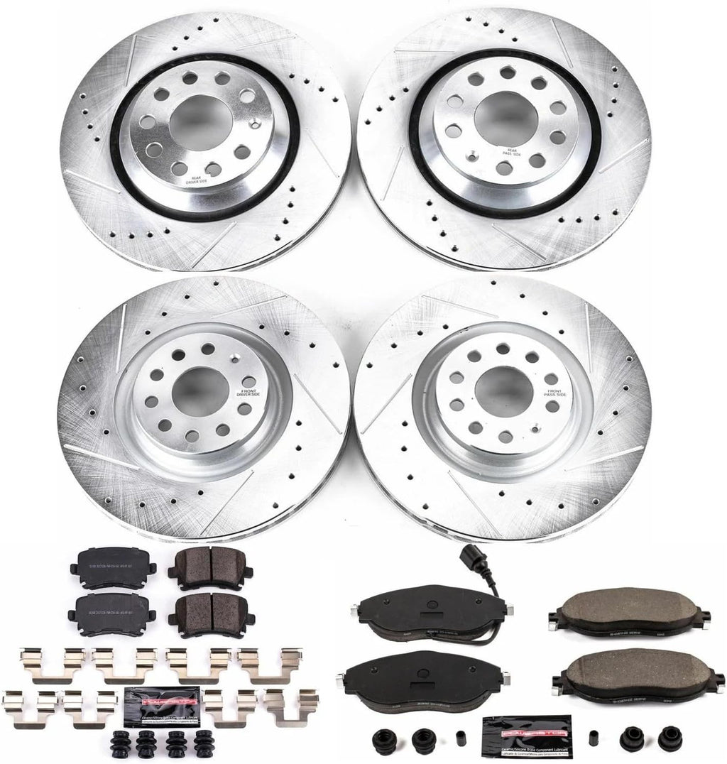 PowerStop Front and Rear Brake Kit for Volkswagen CC 2013-16 | Volkswagen GTI 2015-21 - Drilled and Slotted Disc Rotors with Carbon-Fiber Ceramic Brake Pads Replacement, K7254