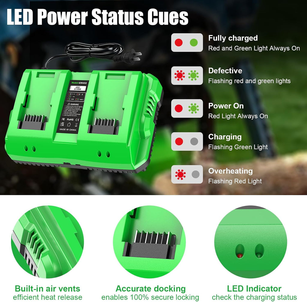 2-Pack 40V 4.0Ah Battery Replacement for Greenworks 40V Battery and Charger Kit (Dual-Port Charger with USB Port)，Compatible with Greenworks 40 Volt G-MAX Cordless Power Tools