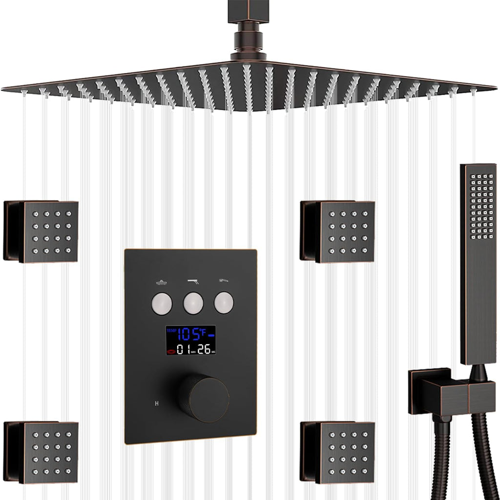 Oil Rubbed Bronze Digital Temperature Display Shower Faucets Sets 12 inch Ceiling Thermostatic Full Body Shower System with 4PCS Body Jet Push Button 3 Function Integrated Diverter Valve