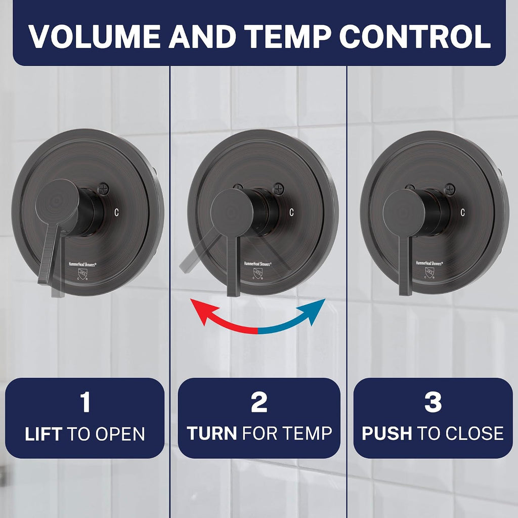 HammerHead Showers Solid Metal Single-Handle Trim Kit with Rough-In Shower Valve, Volume and Temperature Control, Pressure Balance, Oil Rubbed Bronze
