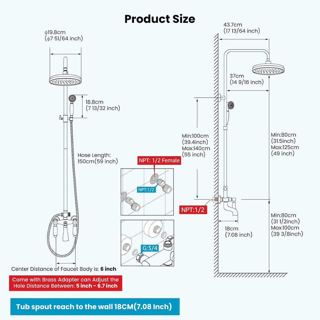 gotonovo Shower Faucet Set Brushed Nikcel 8-inch Shower Head Fixture with Handheld Spray Double Lever Handle Tub Spout Triple Function Bathroom Wall Mount