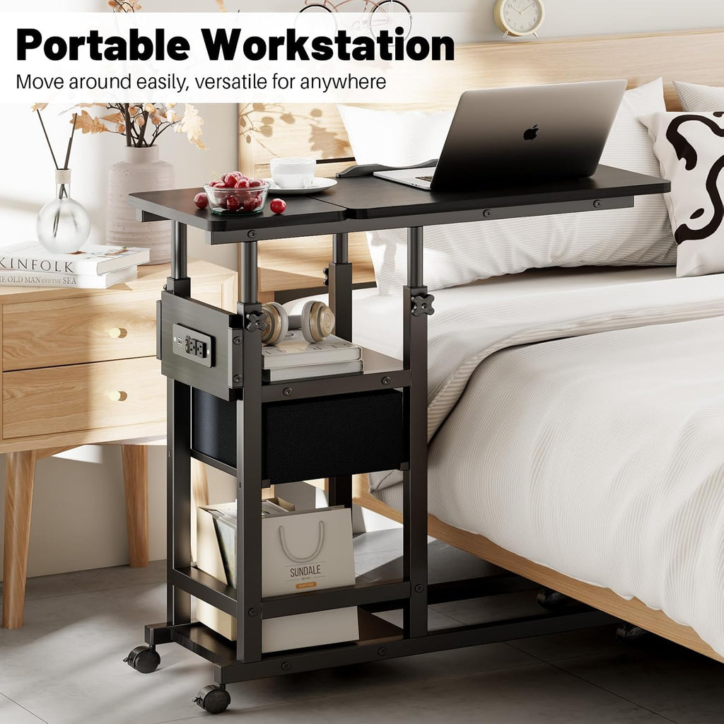 Height Adjustable Overbed Table with Wheel and Charging Station, Tiltable Desk C Shaped End Table for Couch, 2-Tier Overbed Bedside Desk with Storage Shelve for Living Room Bedroom