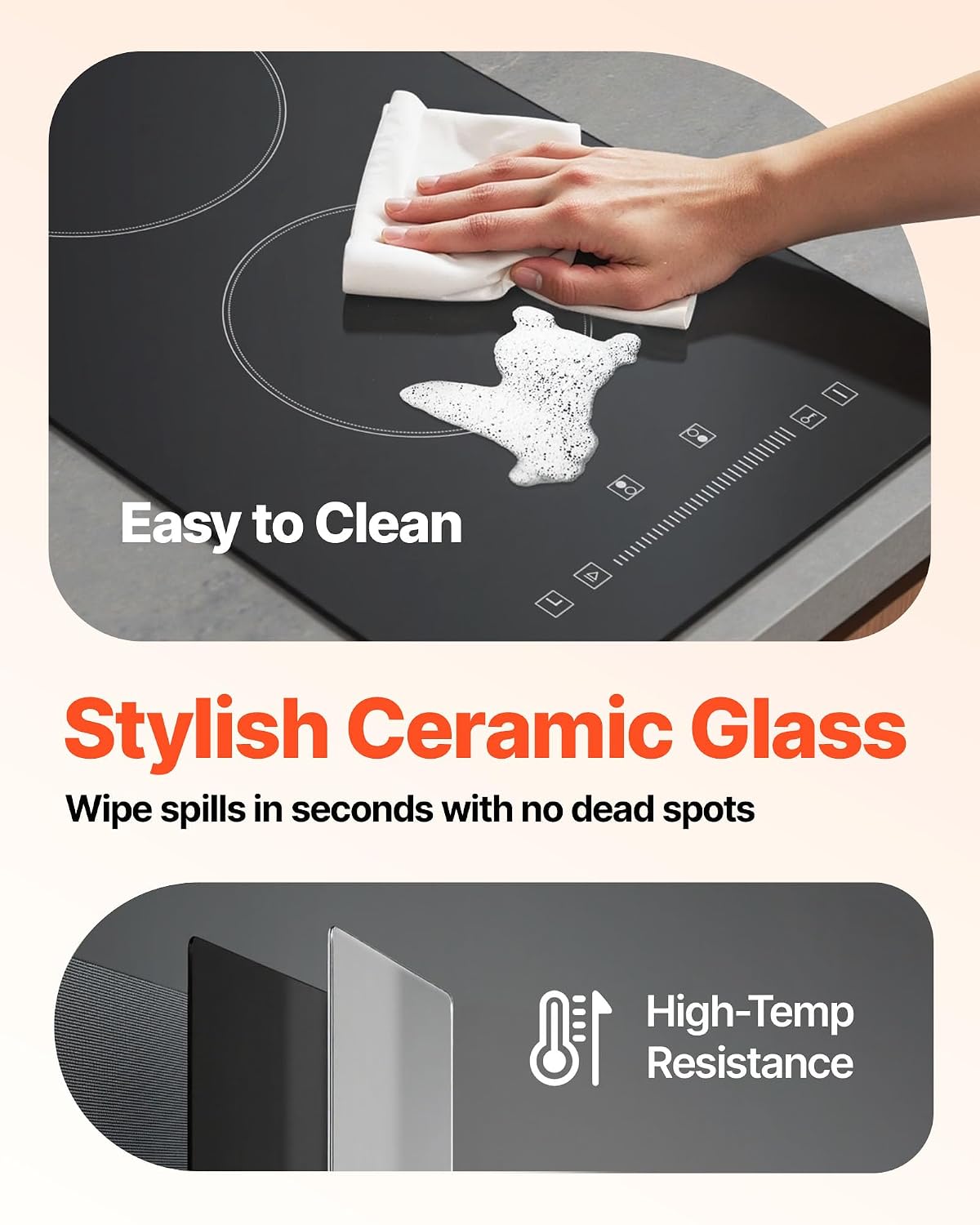 Happybuy 20x11.6 Inch Electric Stove Top, 2 Burners, 240V Glass Radiant Cooktop with Sensor Touch Control, Timer, Child Lock, 9 Power Levels for Frying, Simmering, Steaming