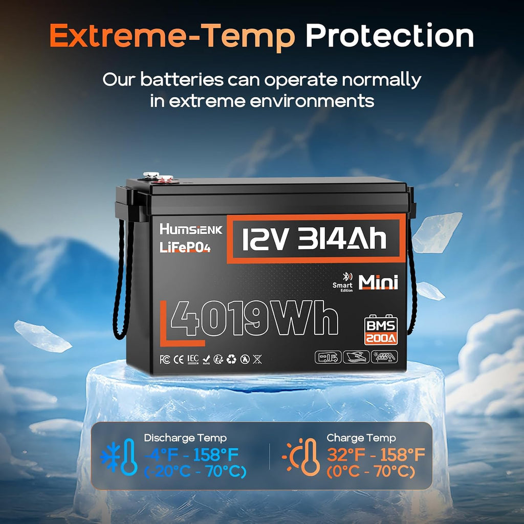 HumsiENK 12V 300Ah (314Ah) LiFePO4 Lithium Battery Mini Size, Bluetooth 200A BMS, 15000+ Deep Cycles, Low-Temp Protection – for RV, Marine, Solar, Off-Grid, Home Backup (Compact & Lightweight)