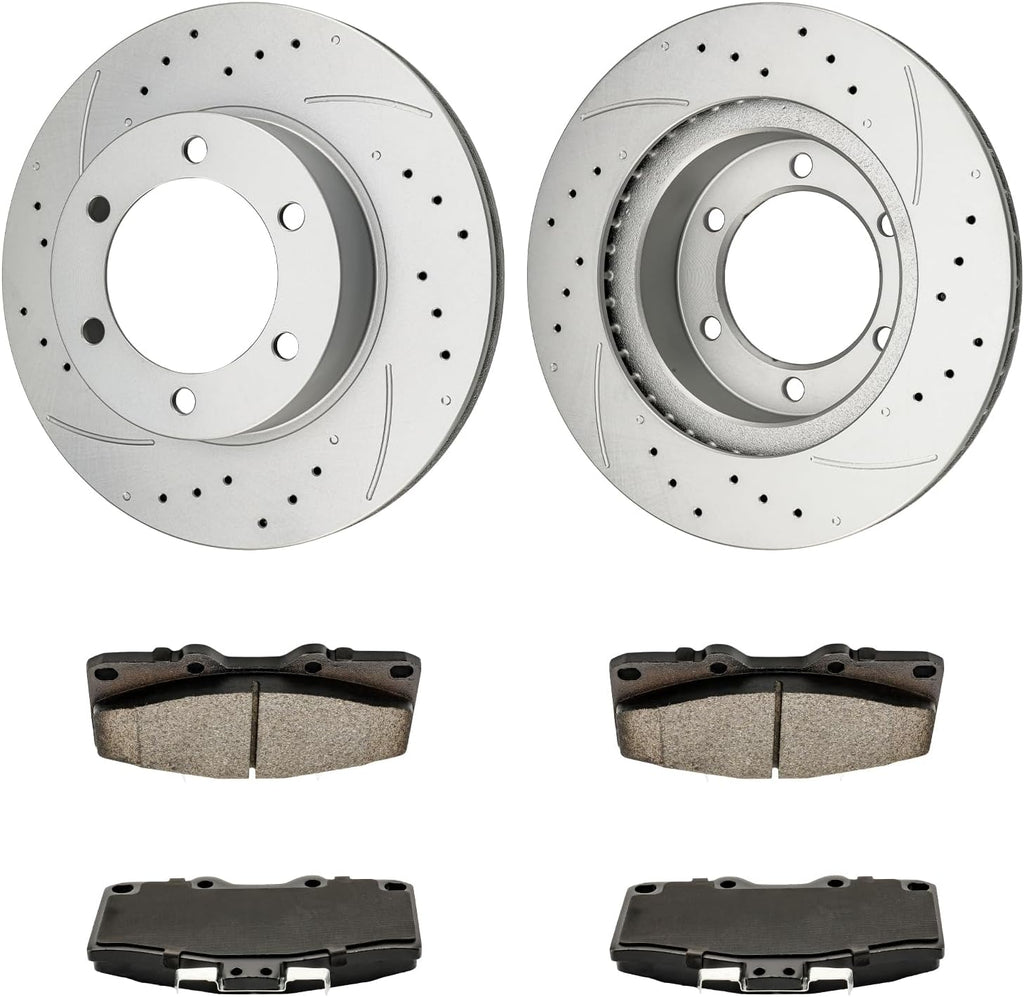 KAX Front Brake Pads and Rotors for Toyota 4Runner 1996-2002, Tacoma 2004, Drilled and Slotted Solid Disc Brake Rotor Ceramic Brake Pad Replacement (#31204+D611, 12.54inch, 318.5MM)