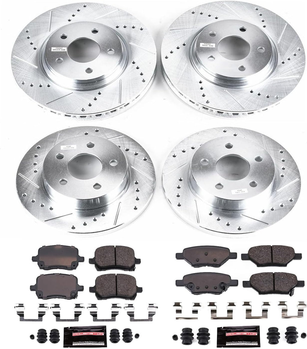 PowerStop Front and Rear Brake Kit for Chevrolet Cobalt 2005-06 |Cobalt 2008 |HHR 2008-10 |Malibu 2004-08 - Drilled and Slotted Disc Rotors with Carbon-Fiber Ceramic Brake Pads Replacement, K1612
