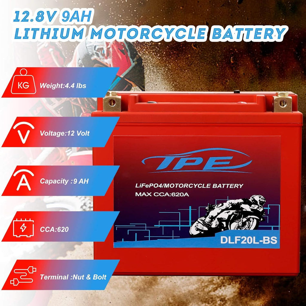 YTX20L Lithium Battery 12V 9Ah 620CCA LiFePO4 Motorcycle Battery, High Power, Lightweight, Maintenance Free, Replaces