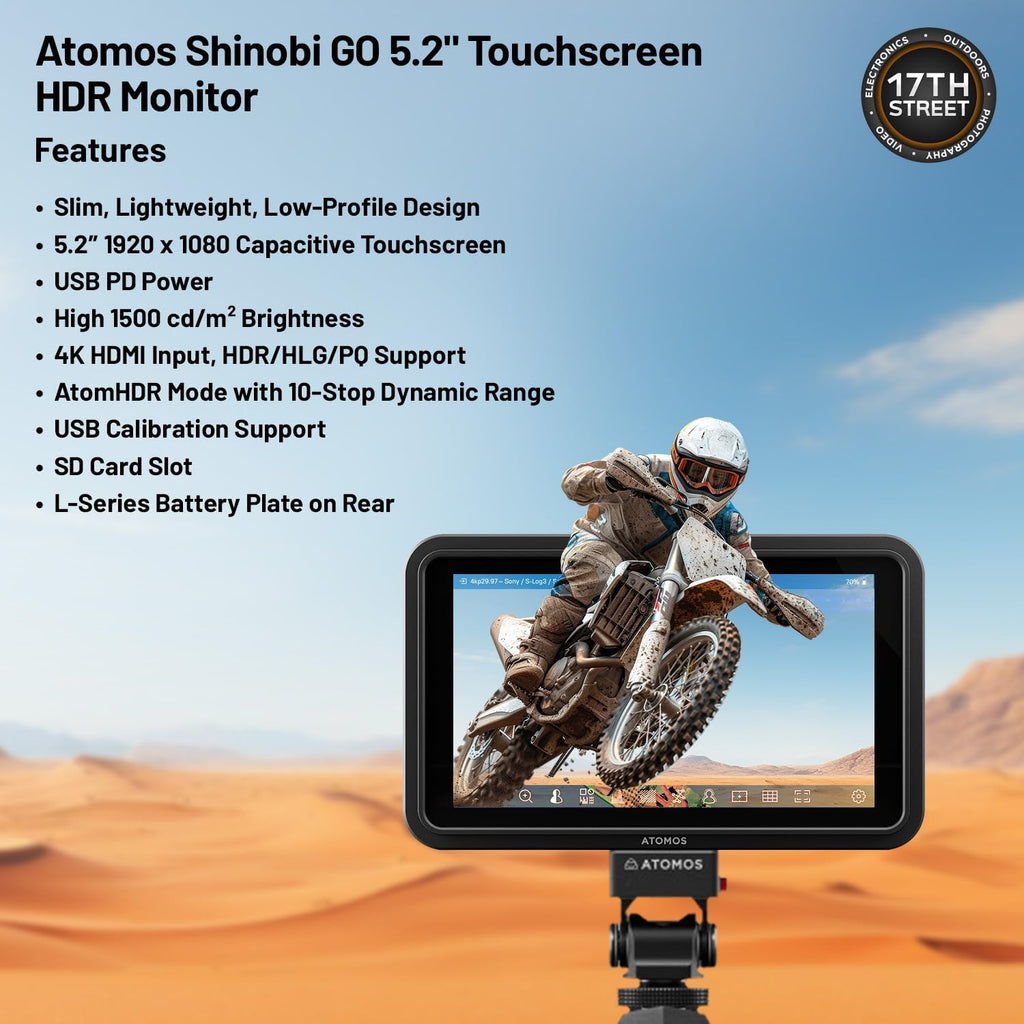 Atomos Shinobi GO 5.2' Touchscreen HDR Video/Camera Monitor | Portable 4K HDMI Field Monitor for DSLR & Camera with Waith Battery, Charger and Camera Hot Shoe Mount Advanced Bundle Set