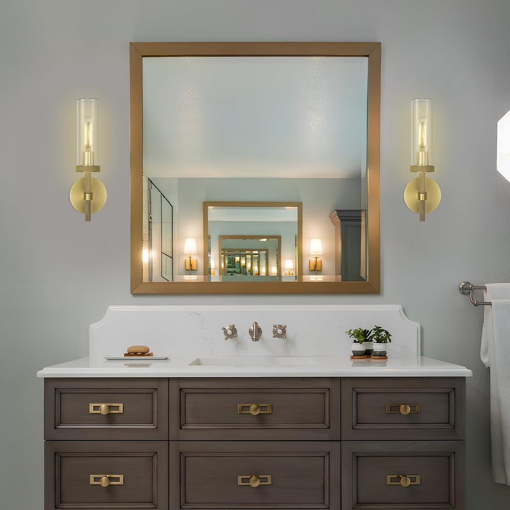 Knurled Brass Wall Sconces Indoors, Glass Tube Sconces Wall Lighting 14', Gold Bathroom Vanity Wall Sconces, Wall Lights For Living Room Bedroom Hallway Kitchen Bathroom Mirror(Including Bulb)