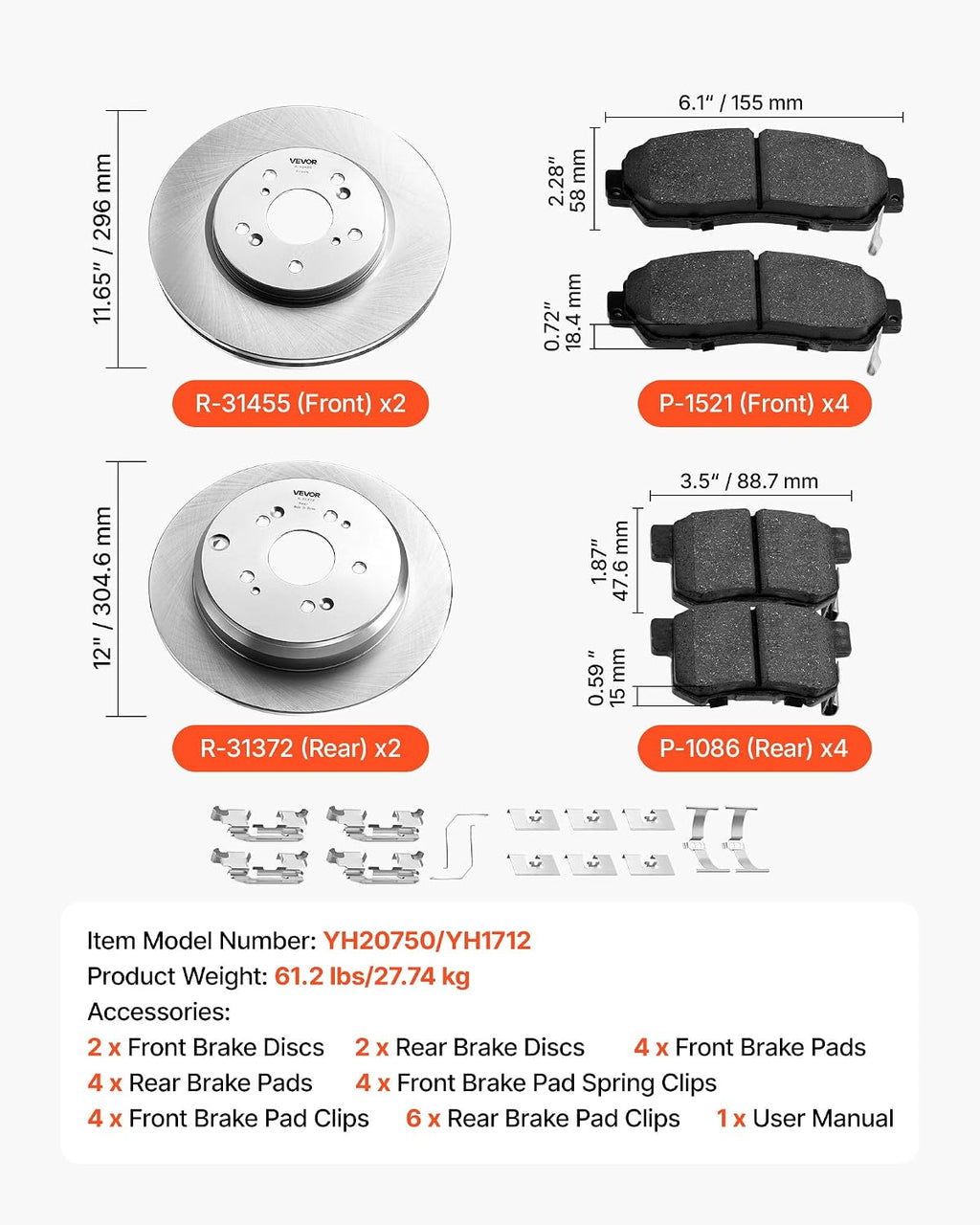 VEVOR Front & Rear Brake Kit Compatible with 2012-2016 Honda CR-V (AWD Models), Ceramic Brake Replacement Kits, 12 inch Hollow Structure Front Rotors, 12 inch Solid Structure Rear Rotors, R-31455