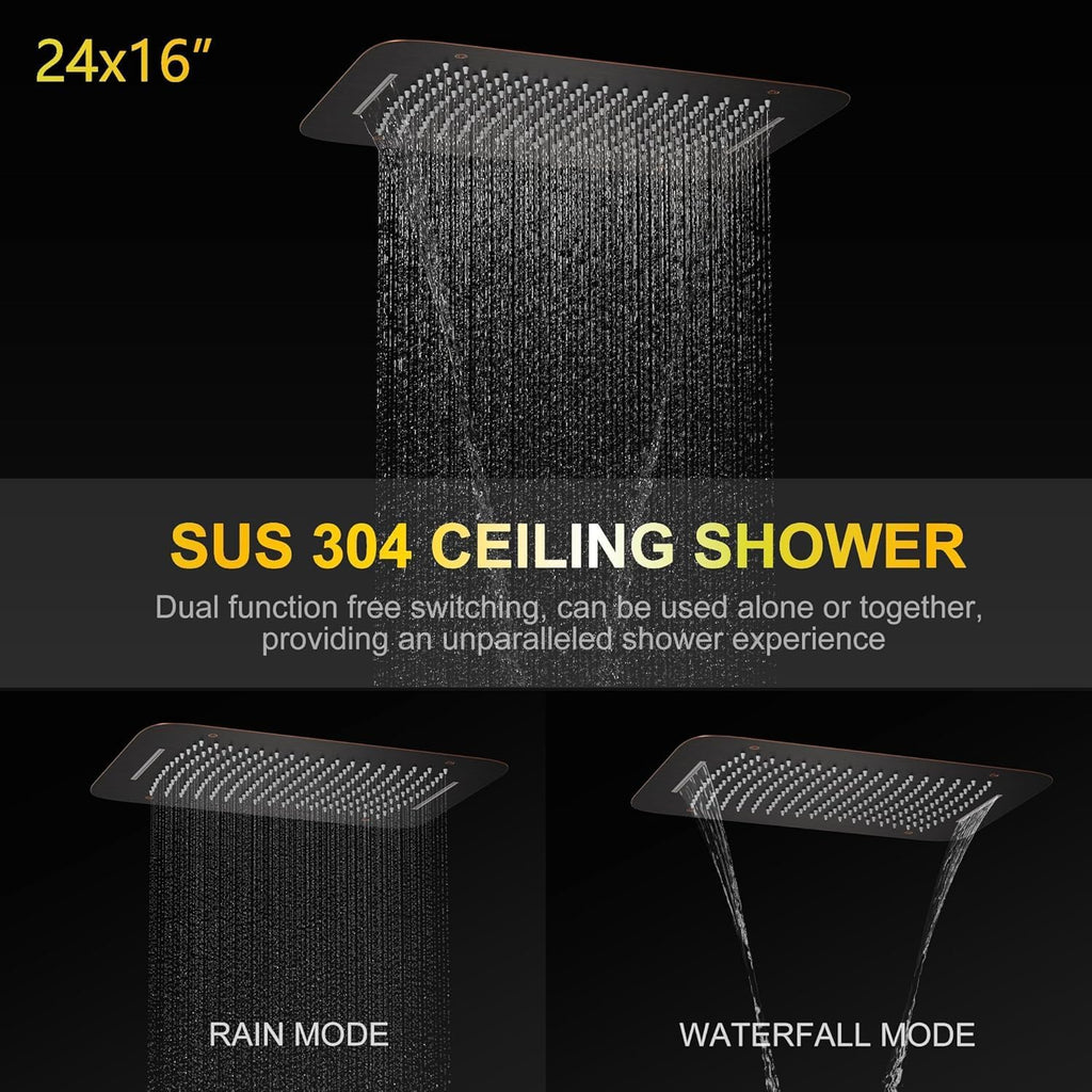 AYIVG Oil Rubbed Bronze 4 Function Dual Shower Head System 16 X 24 Inch Rainfall Waterfall And 8 Inch Wall Mount With Handheld shower head Digital Display Shower Valve Set