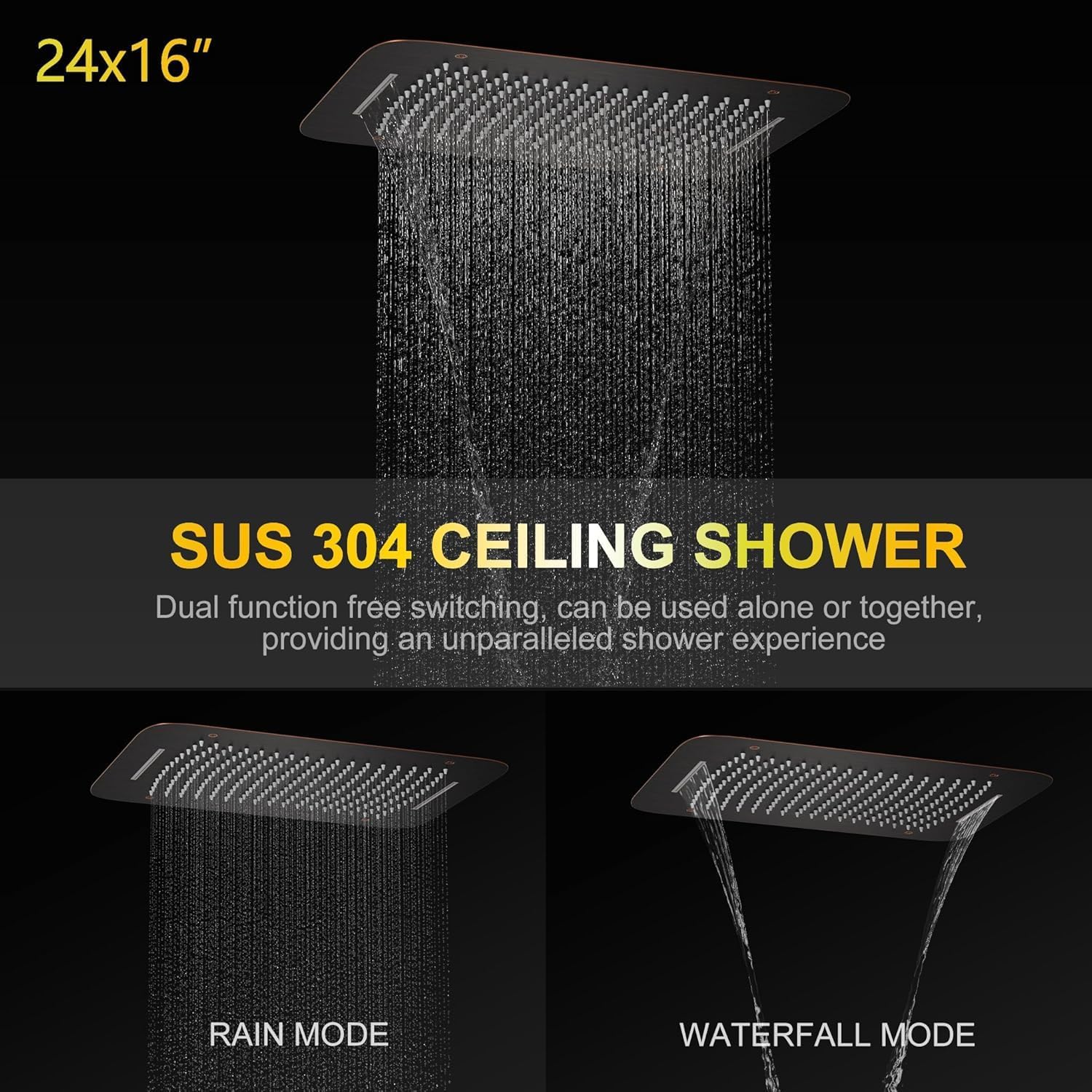 AYIVG Oil Rubbed Bronze 4 Function Dual Shower Head System 16 X 24 Inch Rainfall Waterfall And 8 Inch Wall Mount With Handheld shower head Digital Display Shower Valve Set