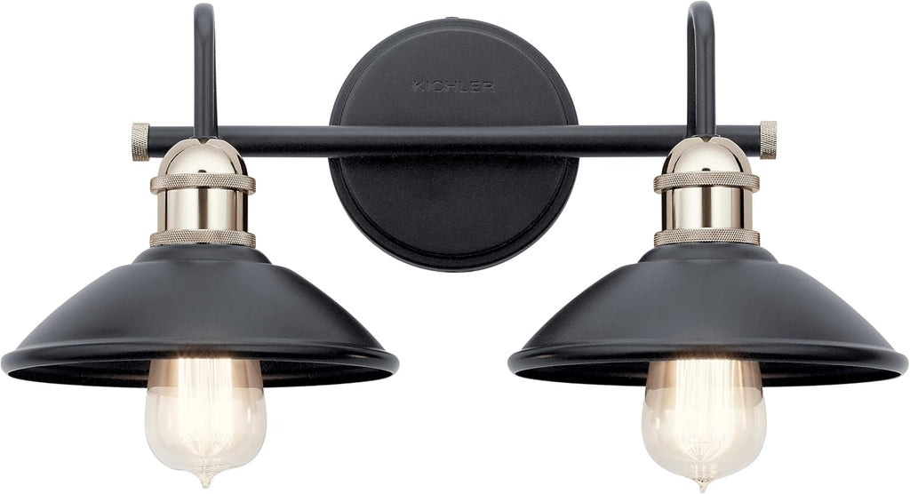 Kichler Clyde 2-Light Bathroom Vanity Light Fixture with Vintage Industrial Design, Black Finish for Bathrooms Over Mirror (7.25' H x 17' W x 8.25' Ext.), 45944BK