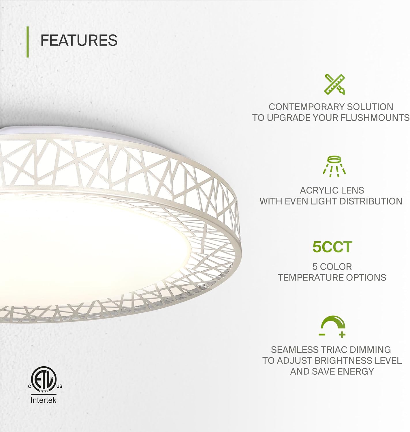 ASD 18 Inch LED Flush Mount Ceiling Light Fixture for Bedroom, 35W 1992LM 5CCT 2700K-5000K, Dimmable Lights, Dining, Living Room, Kitchen Lamps, Modern Home Lighting Fixtures, Nickel, ETL, 2 Pack