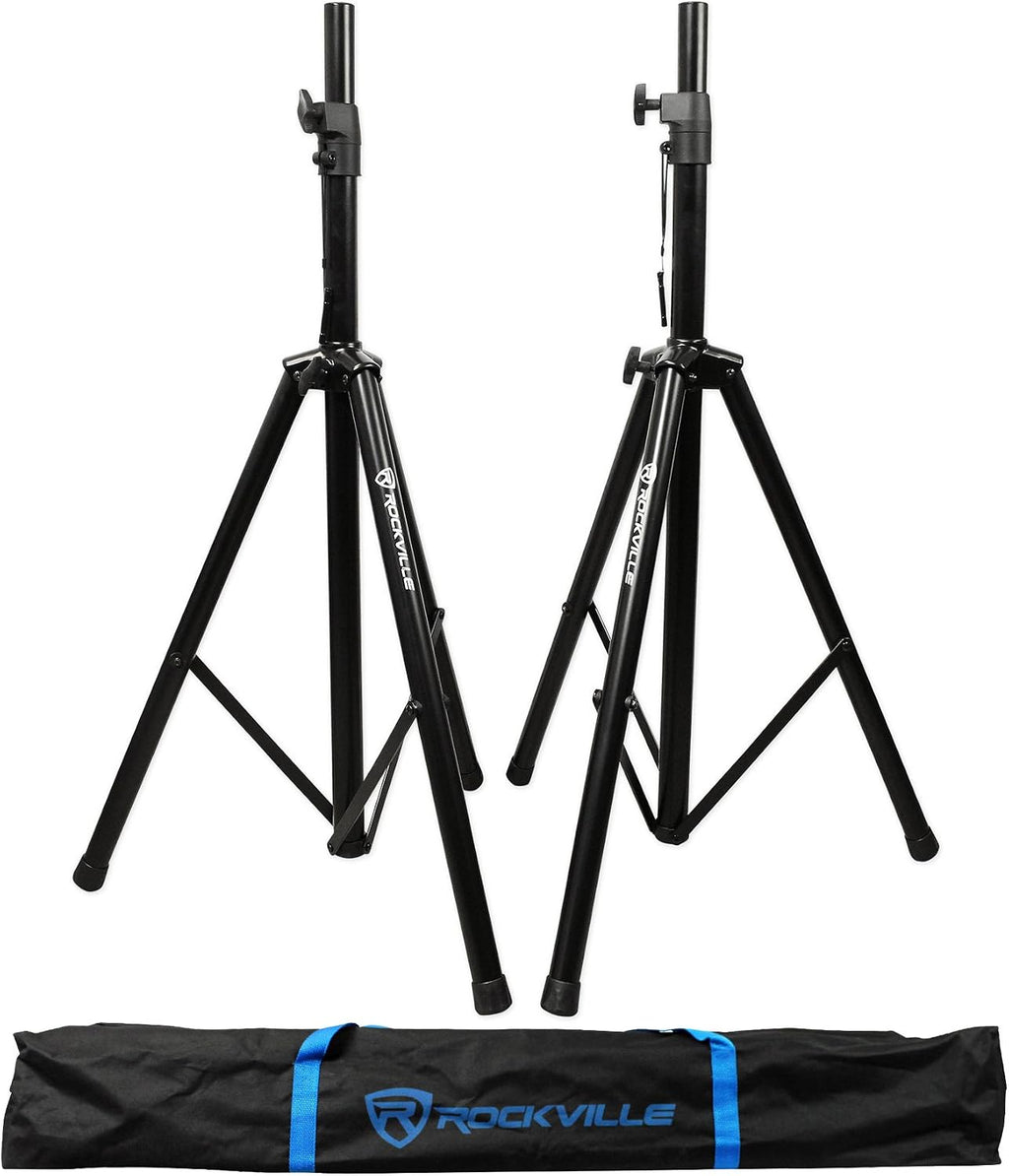 Rockville Bundle: (2) Tripod DJ PA Speaker Stands Bundle with (2) RSC7W White Tripod PA Speaker Stand Scrim Cloth+(2) ACC5 Monitor/Laptop Shelf Accessory for 35MM Pole Mount Speaker Stand (5 Items)