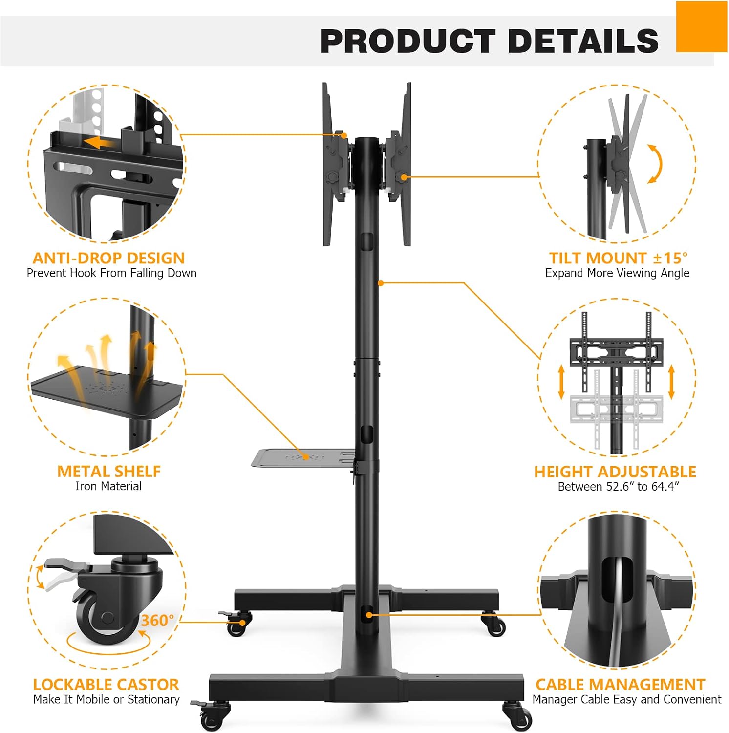 5Rcom Rolling/Mobile TV Cart with Wheels for 32 to 55 Inch LCD LED 4K Flat Curved Screen Vertical TVs-Height Adjustable Screen Tilt Rolling TV Stand for 2 TVs with Laptop Shelf Holds Up to 132 lbs
