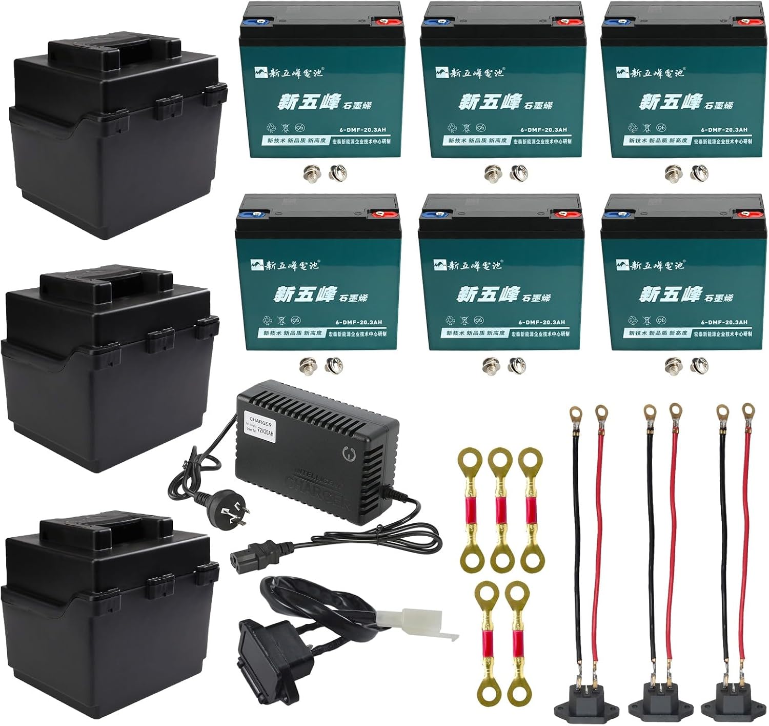 12V 20Ah AGM SLA Battery 6-DMF-20 6-DZF-20 6-DZM-20 – 6-Pack with 72V Charger, Battery Boxes, Cables & Port – Maintenance Free Sealed Lead Acid Battery for Scooter Go Kart ATV UTV Jet Ski Lawn Mower