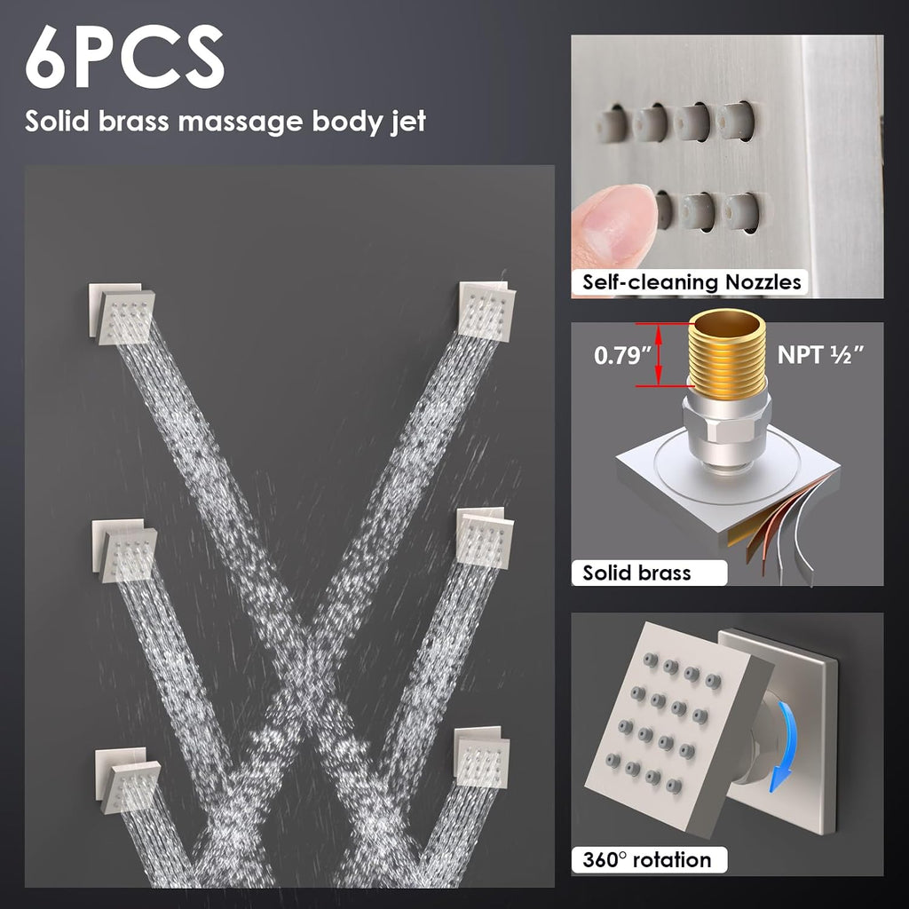 Enga Brushed Nickel Shower System with Body Spray Jets, Wall Mount 12 Inch LED Rain Shower Head Push Button Diverter Shower Fixtures, All Functions Can Run At Once