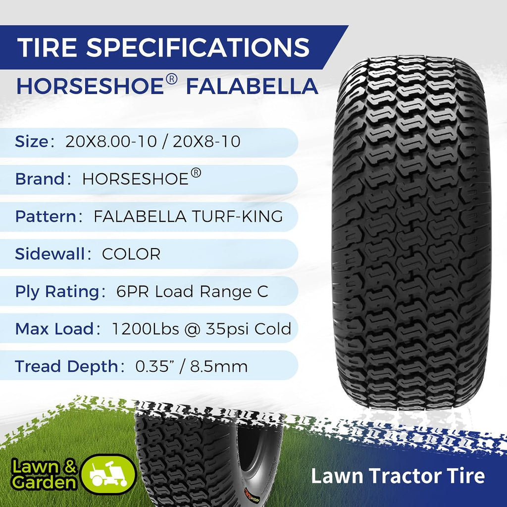 HORSESHOE FALABELLA 2 New 20x8.00-10 / 20x8-10 6PR T198 TURF-KING LAWN MOWER TIRES LRC Heavy Duty 20x8x10 Color-Sidewall (20x8.00-10 6Ply)