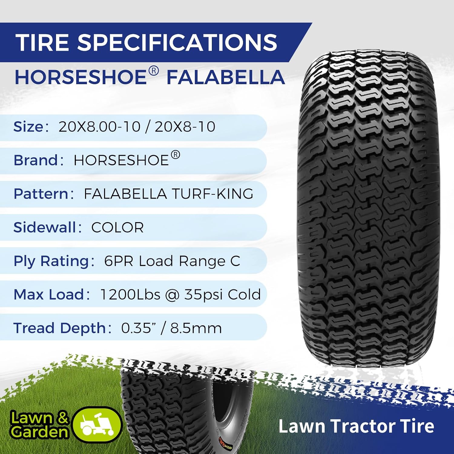 HORSESHOE FALABELLA 2 New 20x8.00-10 / 20x8-10 6PR T198 TURF-KING LAWN MOWER TIRES LRC Heavy Duty 20x8x10 Color-Sidewall (20x8.00-10 6Ply)