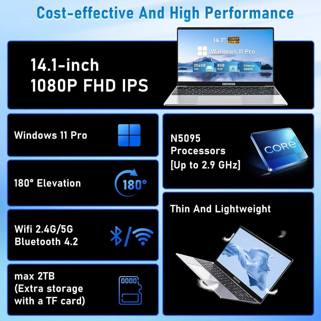 FUNYET Laptop Computer, Gaming Laptops 2026, 14 Inch Lap Top PC Windows 11 Pro, 16GB RAM 512GB SSD, Intel N5095 Processor(up to 2.9 GHz), Office 365, for Business and Students, 2-Year Warranty
