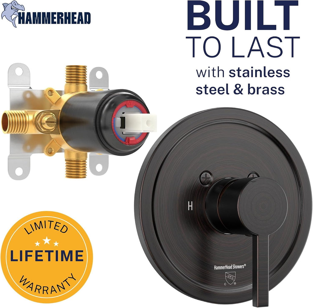 HammerHead Showers Solid Metal Single-Handle Trim Kit with Rough-In Shower Valve, Volume and Temperature Control, Pressure Balance, Oil Rubbed Bronze