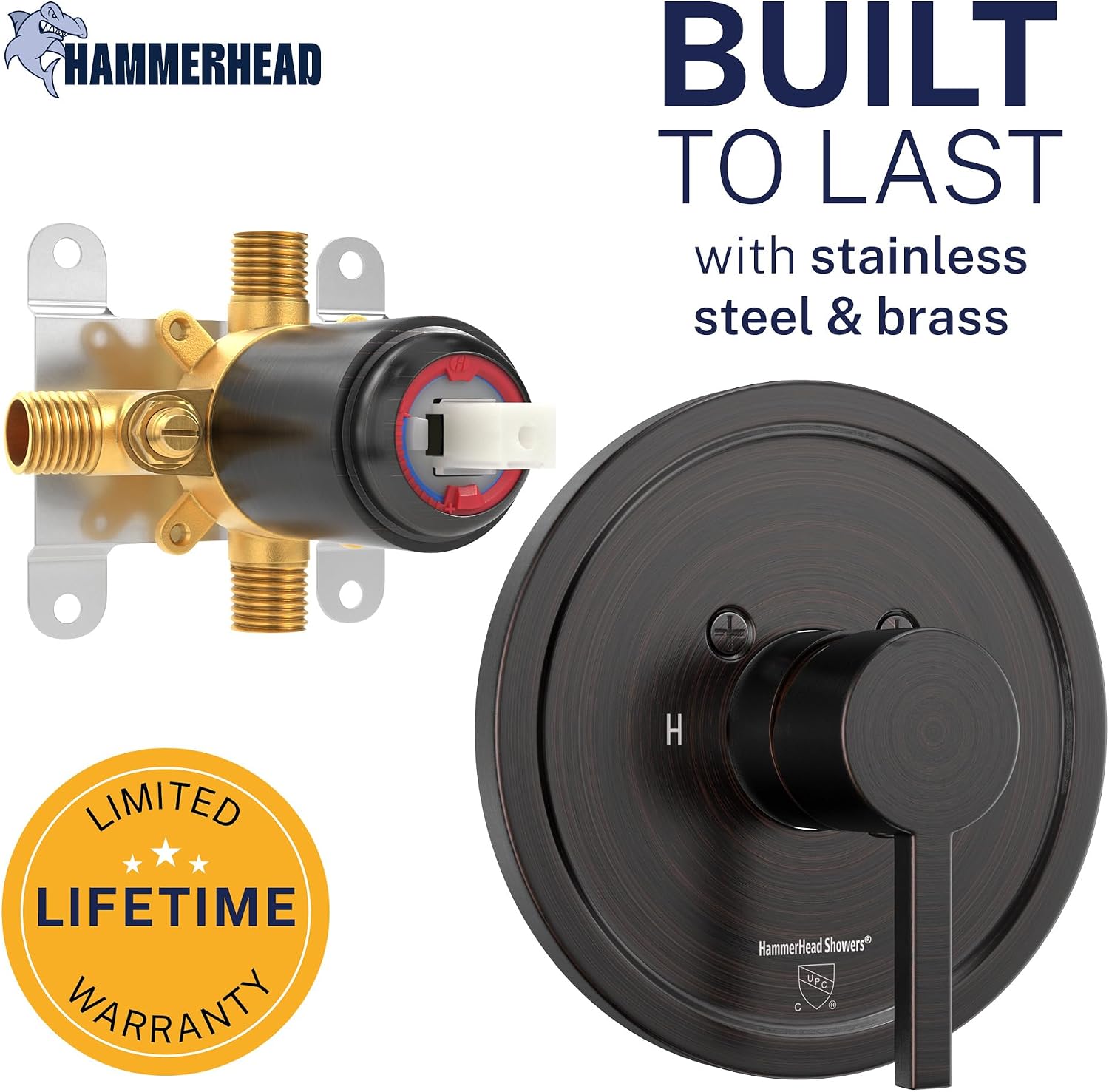 HammerHead Showers Solid Metal Single-Handle Trim Kit with Rough-In Shower Valve, Volume and Temperature Control, Pressure Balance, Oil Rubbed Bronze