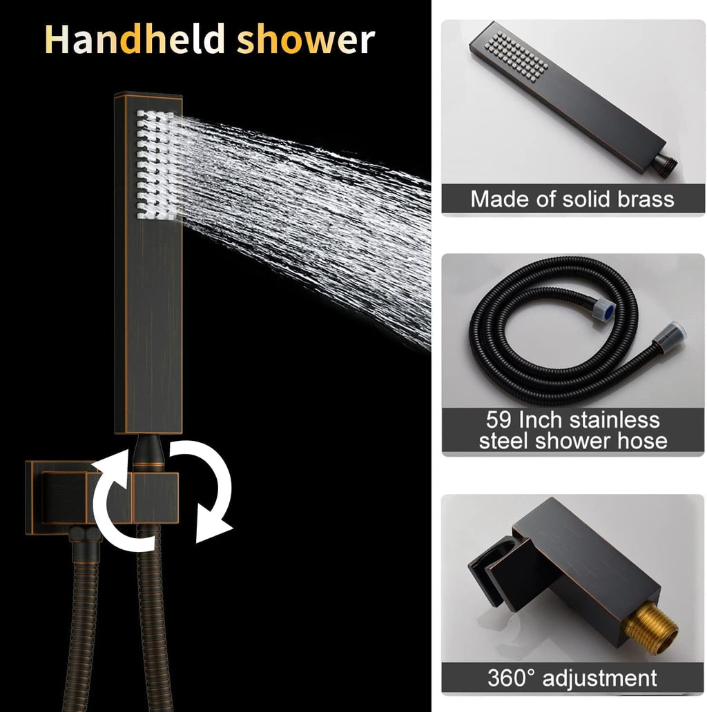 AYIVG Oil Rubbed Bronze 4 Function Dual Shower Head System 16 X 24 Inch Rainfall Waterfall And 8 Inch Wall Mount With Handheld shower head Digital Display Shower Valve Set