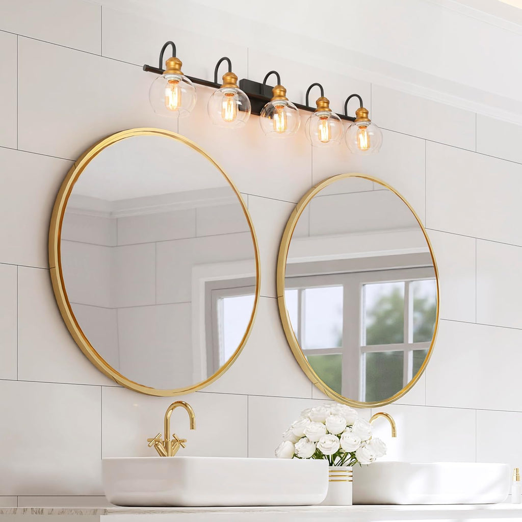 LALUZ Bathroom Light Fixtures, 5-Light Large Black and Gold Vanity Lights for Bathroom with Clear Globe Glass Shade, Modern Farmhouse Bathroom Vanity Lighting Over Mirror, 35.5' L x 7' W x 9' H